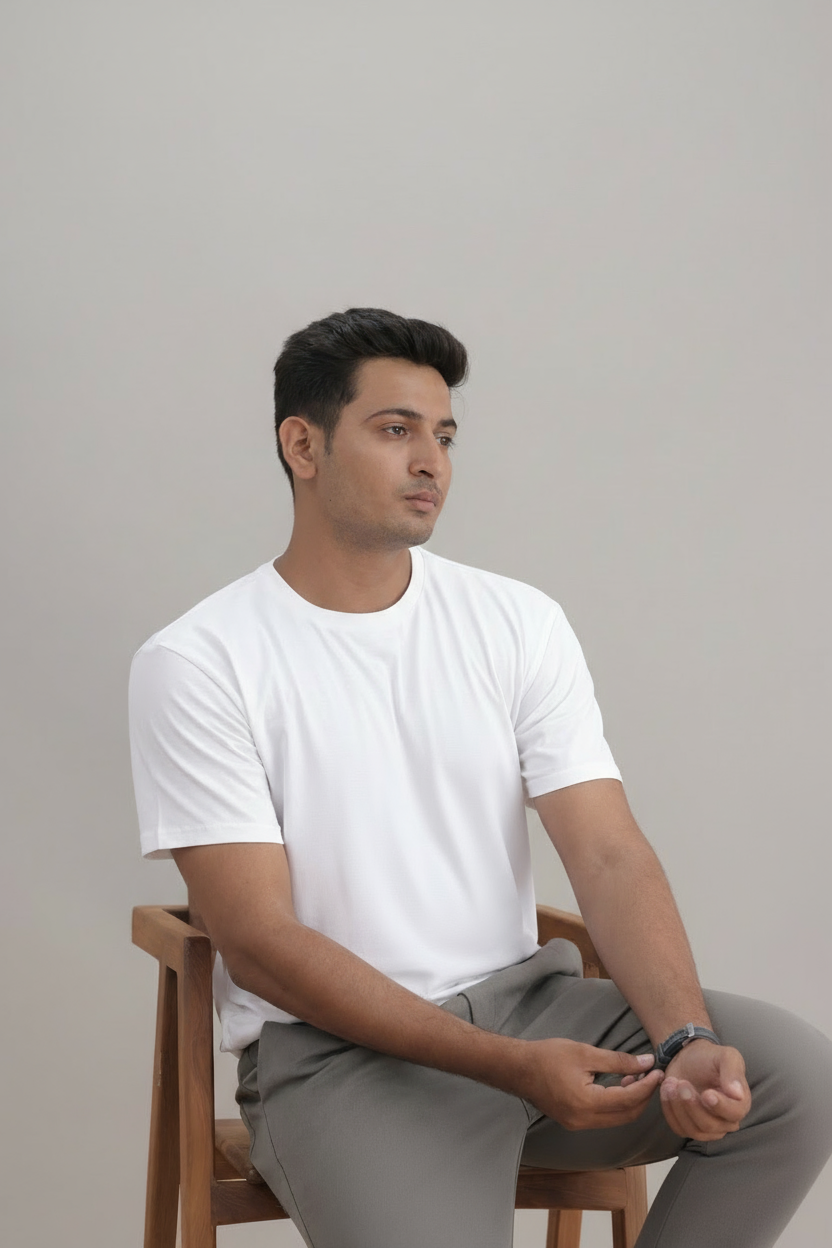 Man sitting on a wooden chair wearing a white t-shirt and gray pants against a plain background