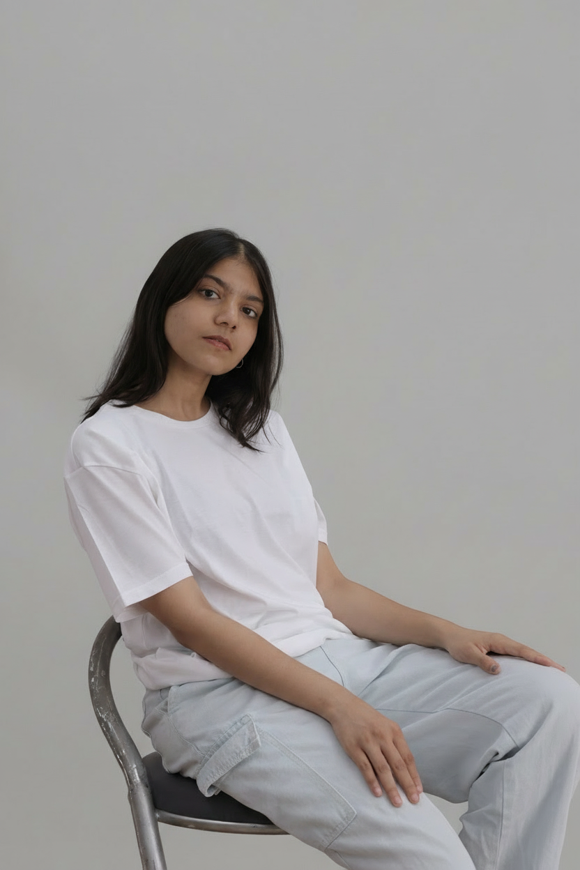 Person sitting on a chair wearing a white t-shirt and light gray pants against a plain background