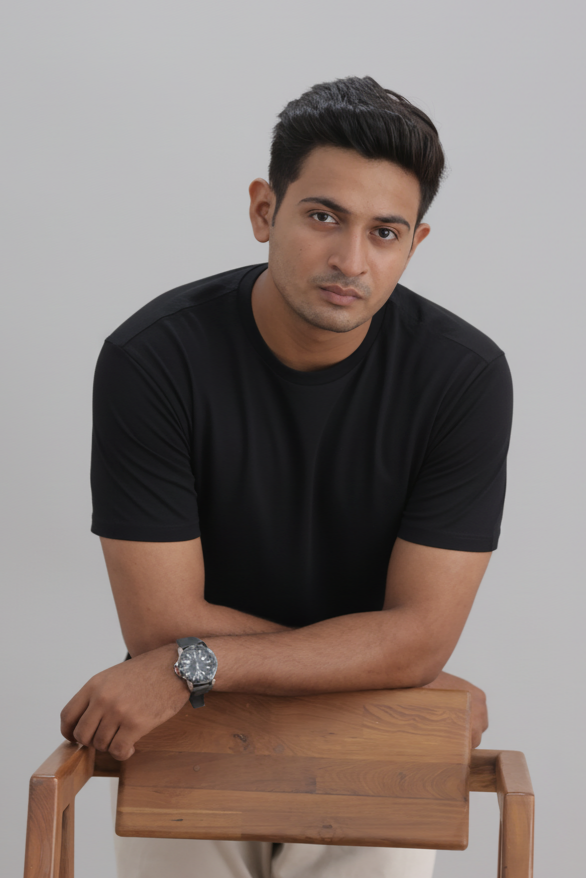 Man sitting on a wooden stool against a plain background