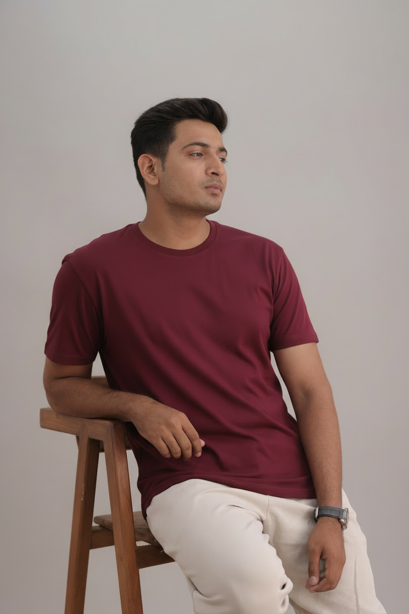 Man wearing a maroon t-shirt and white pants sitting on a wooden stool against a plain background