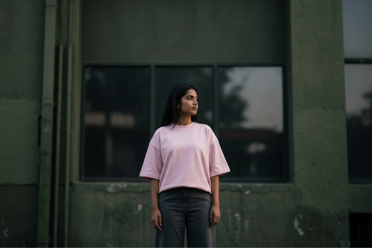 A woman wearing a light pink oversized short-sleeve t-shirt and dark gray pants stands in front of a dark green concrete building with large windows.